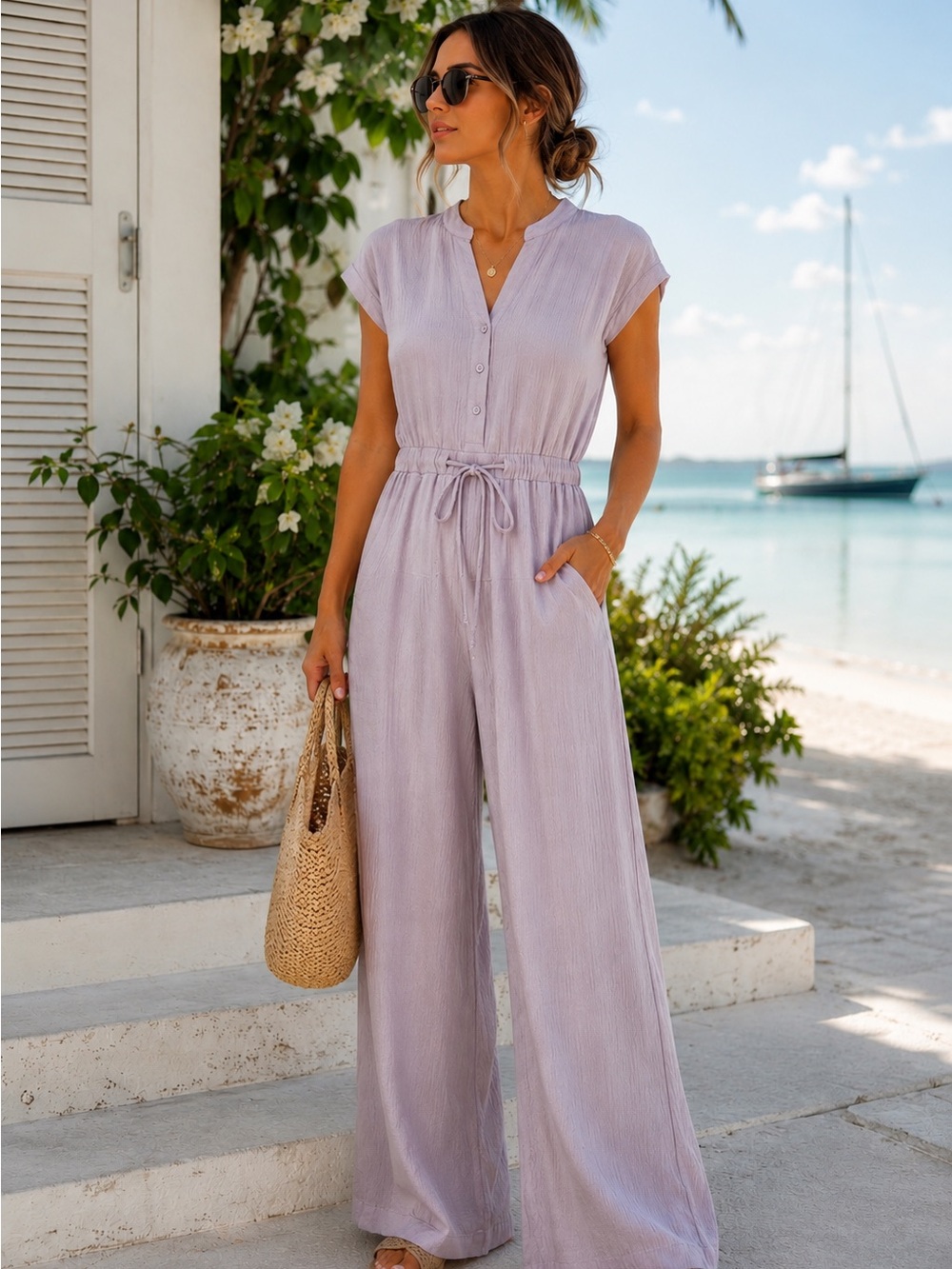 TCEC Lavender Wide Leg Jumpsuit Tie Waist Lined Pockets Small Summer Resort